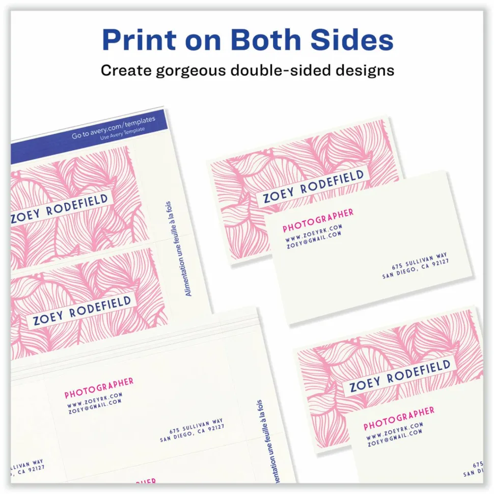 Avery Printable Business Cards With Sure Feed Technology For Inkjet Printers, 2" x 3.5", White, 250 Blank Cards
