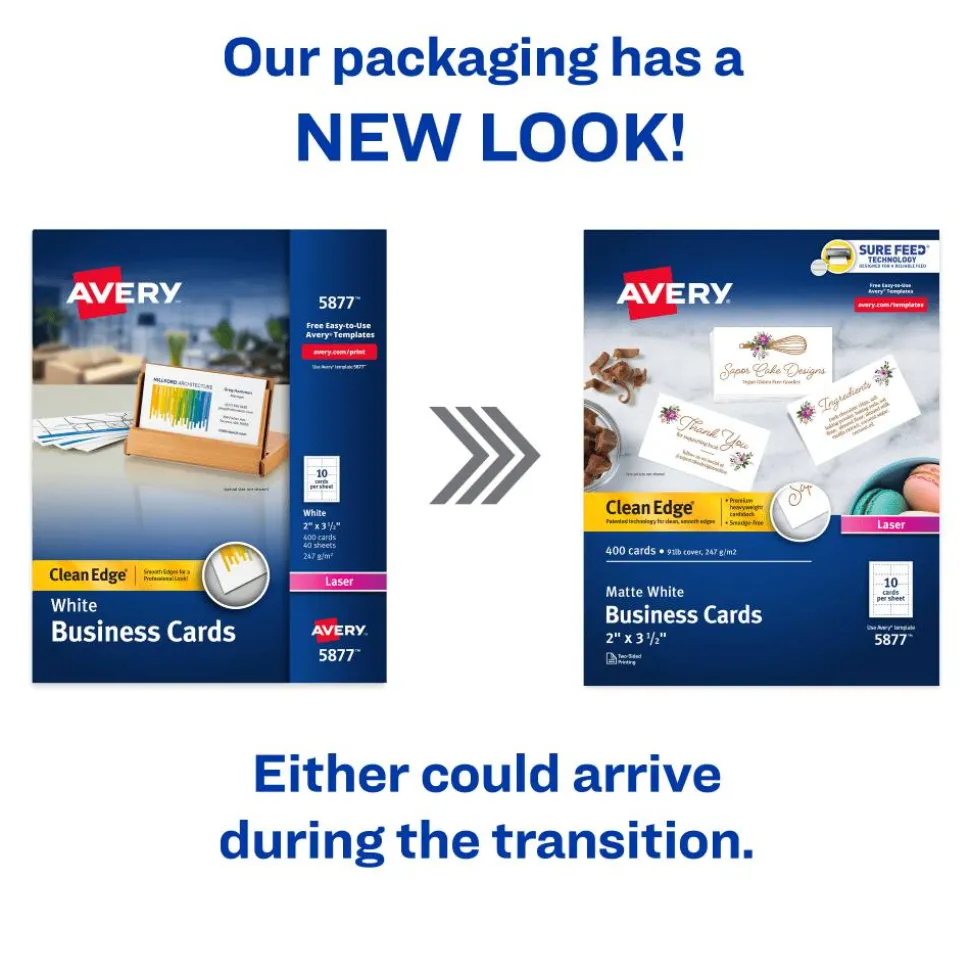 Avery Printable Clean Edge Business Cards With Sure Feed Technology for Laser Printers, 2" x 3-1/2", White, Pack Of 400 Blank Cards