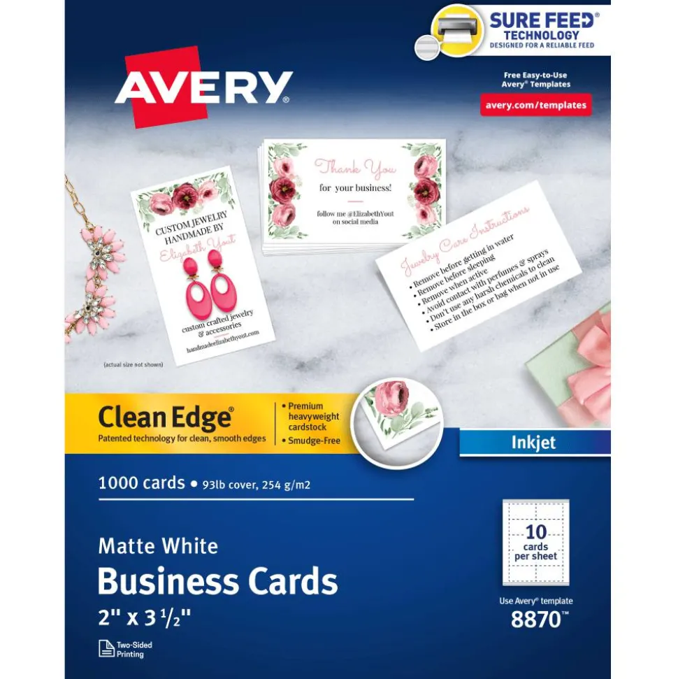 Avery Printable Clean Edge Business Cards With Sure Feed Technology For Inkjet Printers, 2" x 3-1/2", White, Pack Of 1,000 Blank Cards