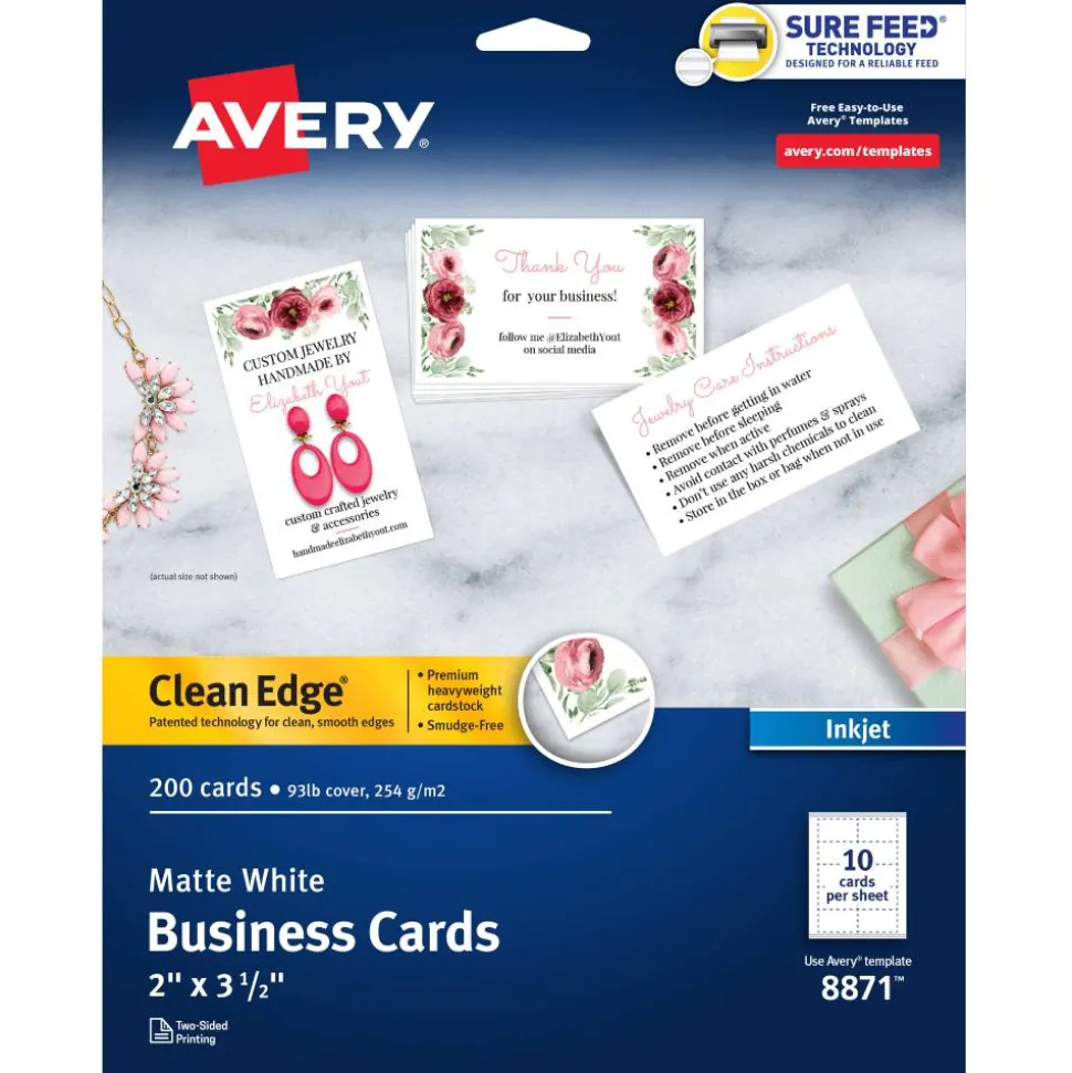 Avery Printable Clean Edge Business Cards With Sure Feed Technology For Inkjet Printers, 2" x 3-1/2", White, Pack Of 200 Blank Cards