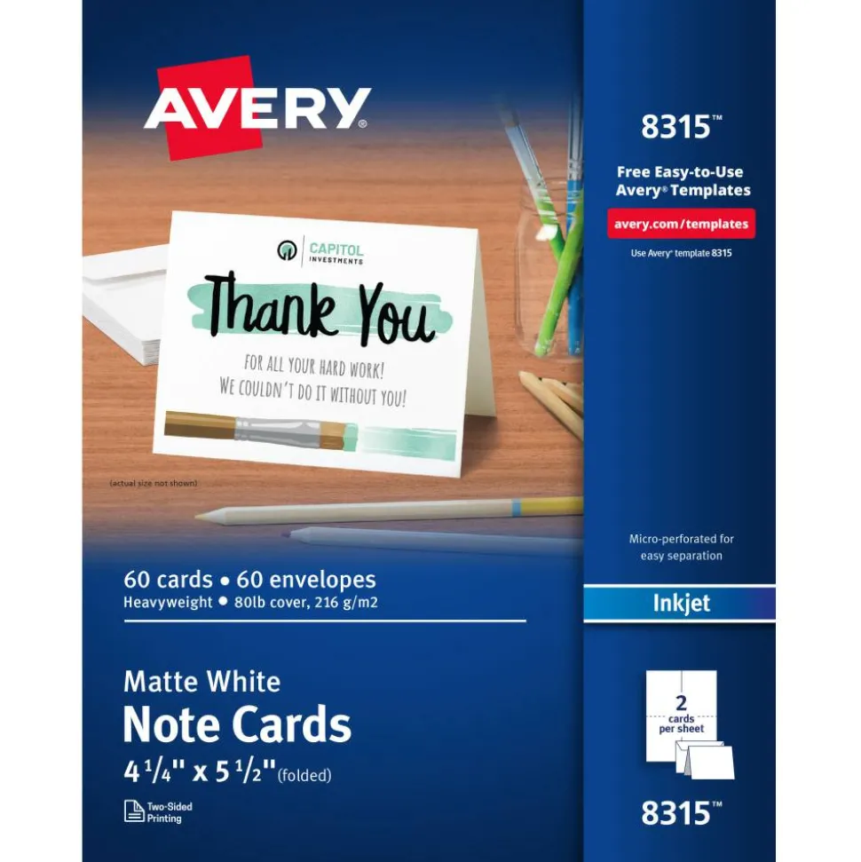 Avery Printable Note Cards With Envelopes, 4.25" x 5.5", Matte White, 60 Blank Note Cards For Inkjet Printers