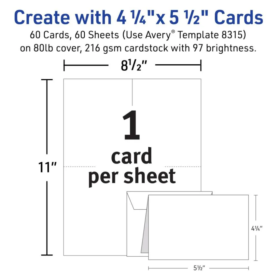 Avery Printable Note Cards With Envelopes, 4.25" x 5.5", Matte White, 60 Blank Note Cards For Inkjet Printers