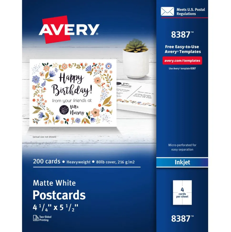 Avery Printable Postcards, Inkjet, 80 lb, 4.25 x 5.5, Matte White, 200 Cards, 4 Cards/Sheet, 50 Sheets/Box
