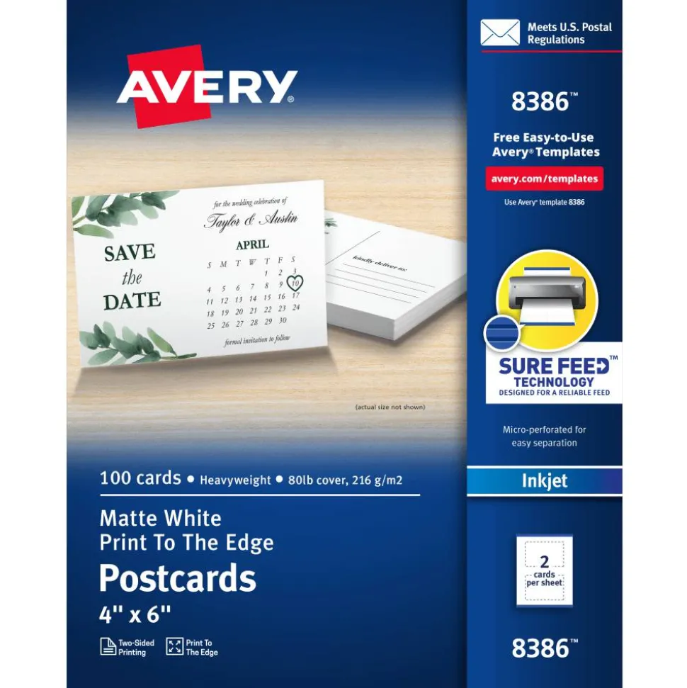 Avery Printable Postcards With Sure Feed Technology, 4" x 6", Matte White, Box Of 100 Cards