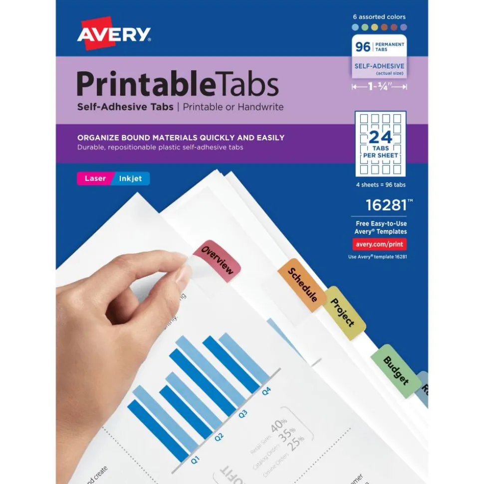 Avery Printable Self-Adhesive Tabs 16281, 1-1/4" x 1", 96 Tabs