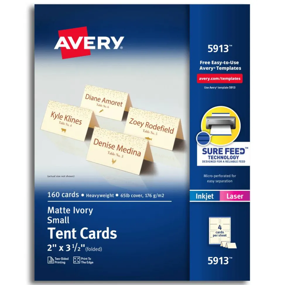 Avery Printable Small Tent Cards With Sure Feed Technology, For Laser Or Inkjet Printers, 2" x 3.5", Ivory, 160 Blank Place Cards