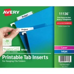 Avery Printable Tab Inserts For Hanging File Folders, 1/5 Cut For 2" Tabs, White, Box Of 100