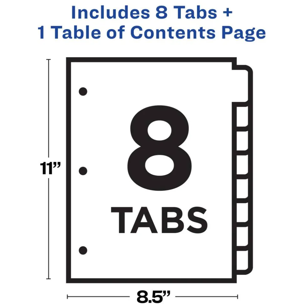 Avery Ready Index 1-8 Tab Binder Dividers With Customizable Table Of Contents, 8-1/2" x 11", 8 Tab, White/Multicolor, 1 Set