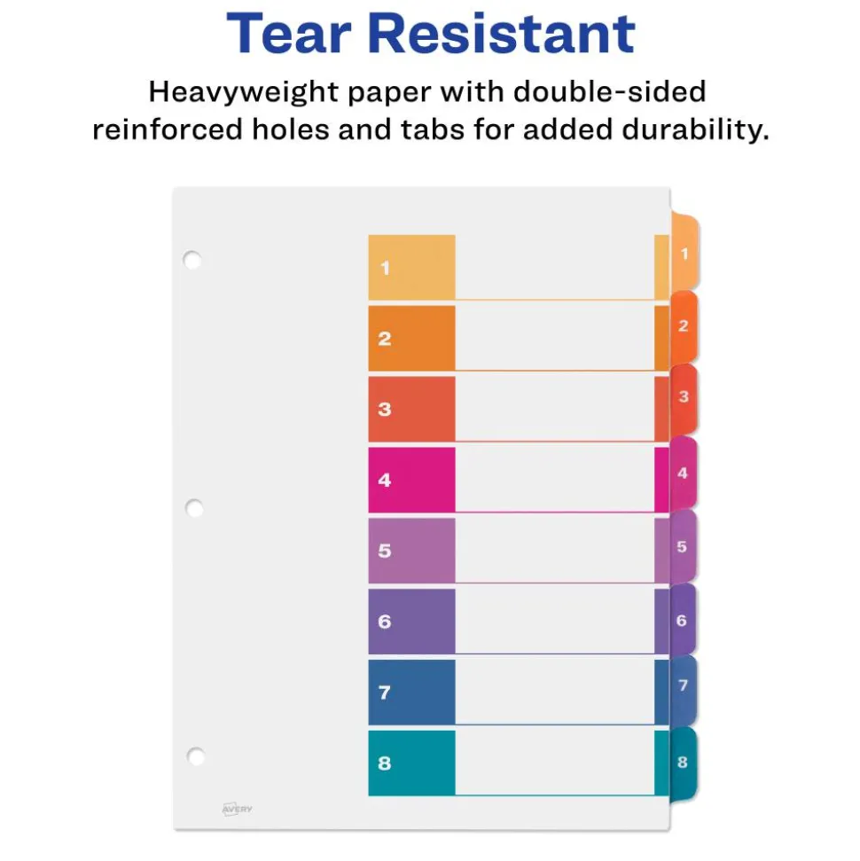 Avery Ready Index 1-8 Tab Binder Dividers With Customizable Table Of Contents, 8-1/2" x 11", 8 Tab, White/Multicolor, 1 Set
