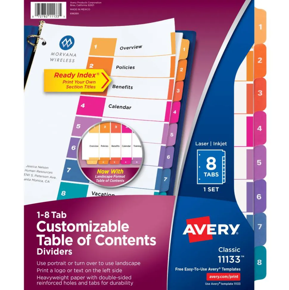 Avery Ready Index 1-8 Tab Binder Dividers With Customizable Table Of Contents, 8-1/2" x 11", 8 Tab, White/Multicolor, 1 Set