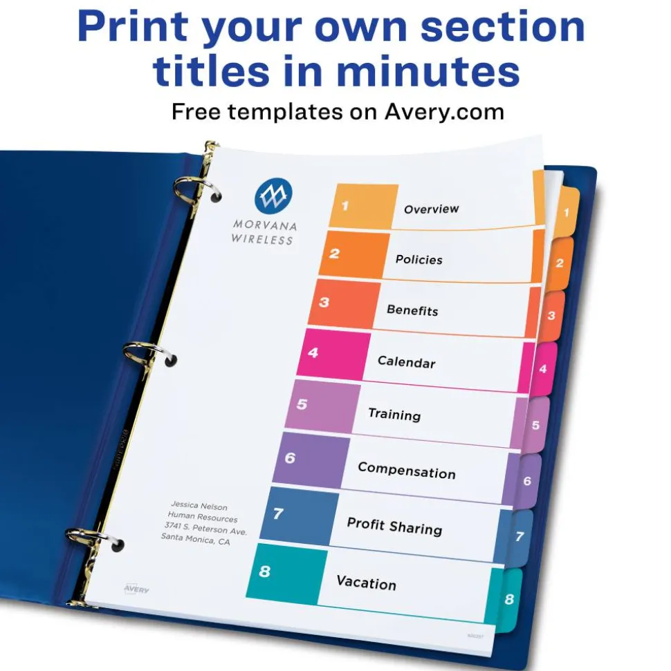 Avery Ready Index 1-8 Tab Binder Dividers With Customizable Table Of Contents, 8-1/2" x 11", 8 Tab, White/Multicolor, 1 Set
