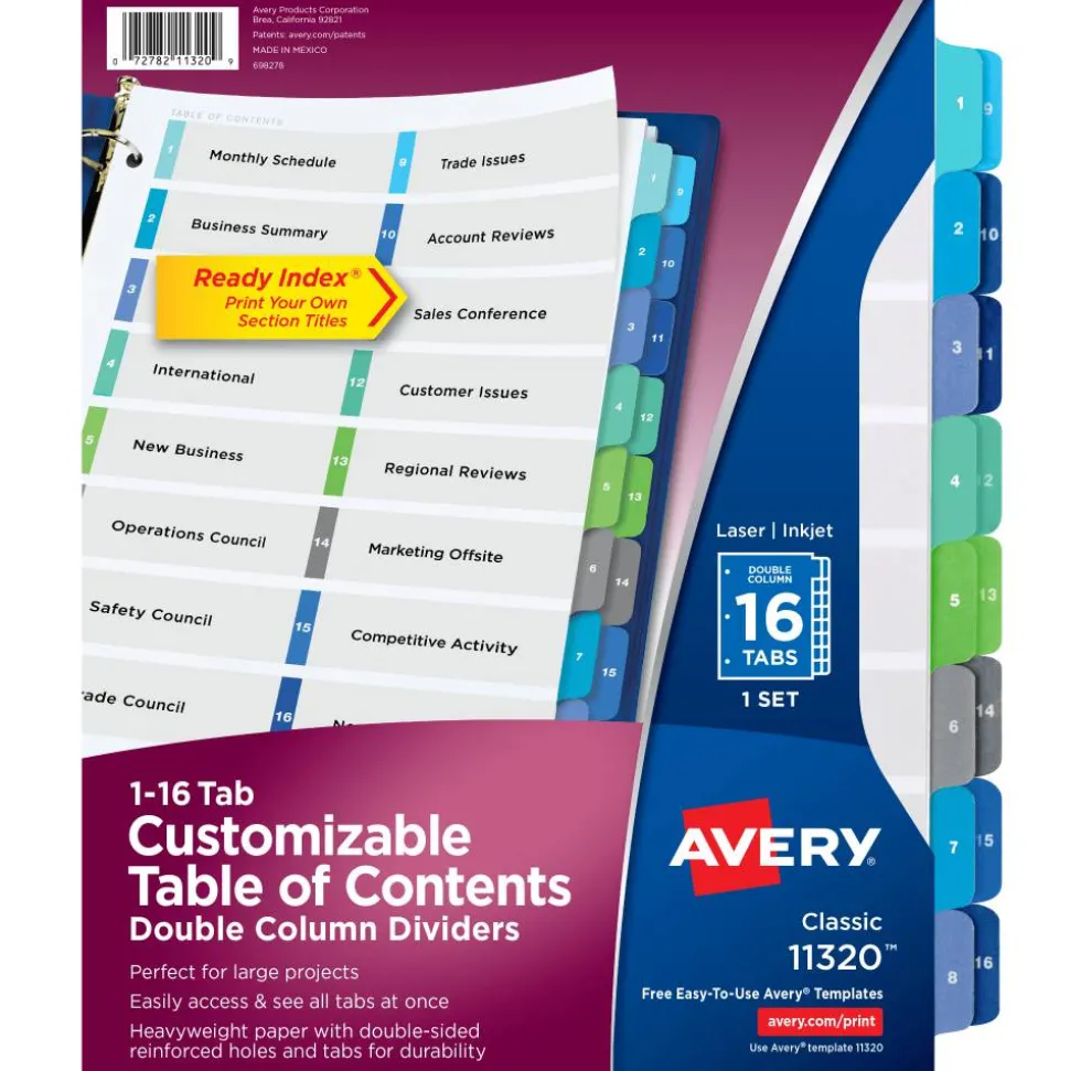Avery Ready Index 1-16 Tab Double Column Binder Dividers With Customizable Table Of Contents, 8-1/2" x 11", 16 Tab, White/Multicolor, 1 Set