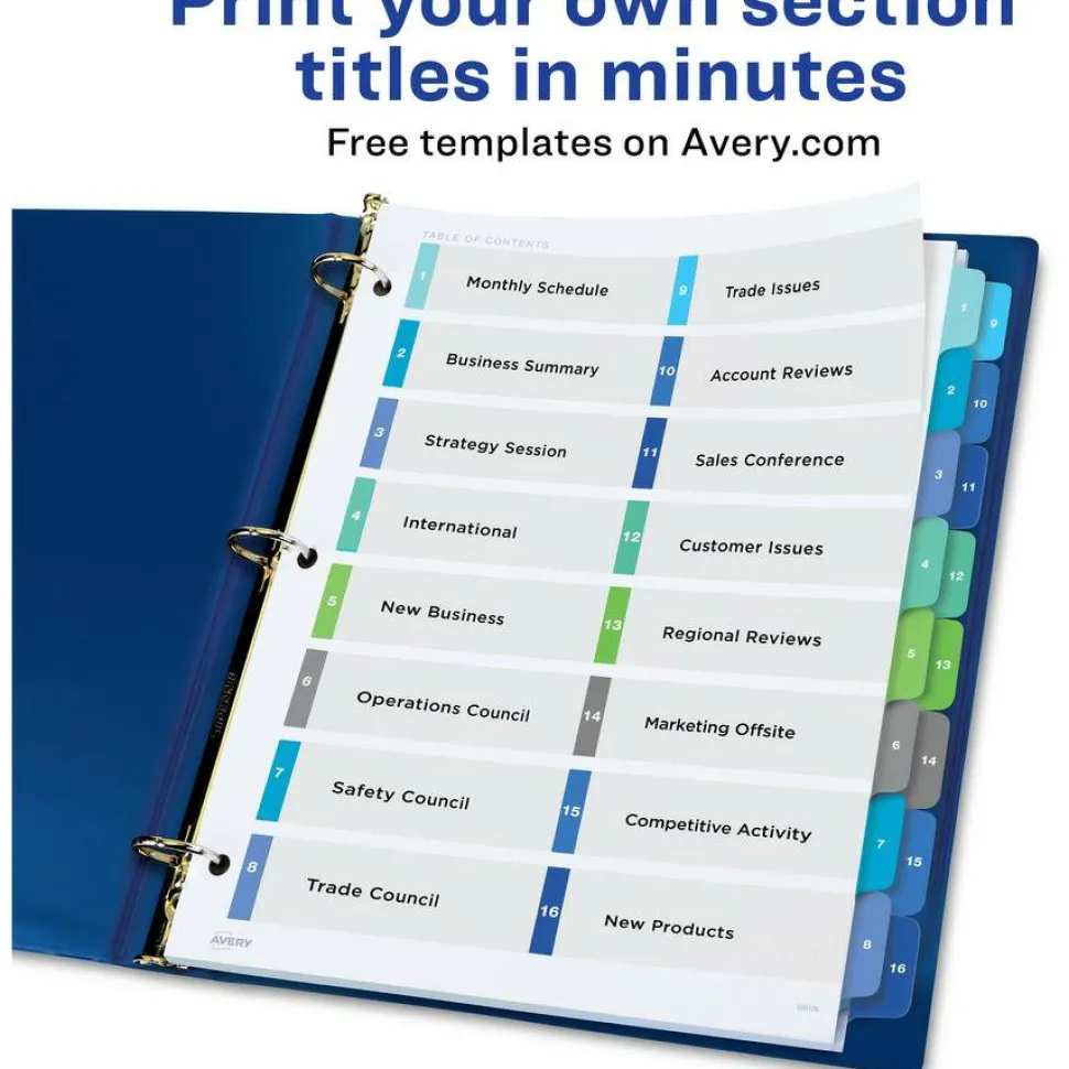 Avery Ready Index 1-16 Tab Double Column Binder Dividers With Customizable Table Of Contents, 8-1/2" x 11", 16 Tab, White/Multicolor, 1 Set