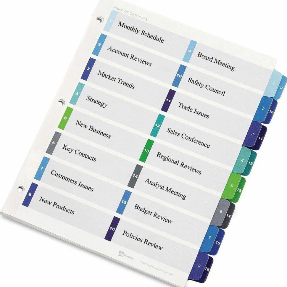 Avery Ready Index 1-16 Tab Double Column Binder Dividers With Customizable Table Of Contents, 8-1/2" x 11", 16 Tab, White/Multicolor, 1 Set