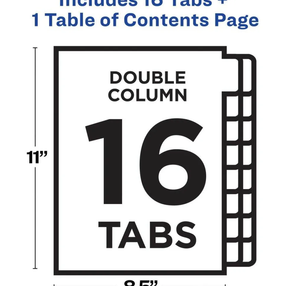 Avery Ready Index 1-16 Tab Double Column Binder Dividers With Customizable Table Of Contents, 8-1/2" x 11", 16 Tab, White/Multicolor, 1 Set