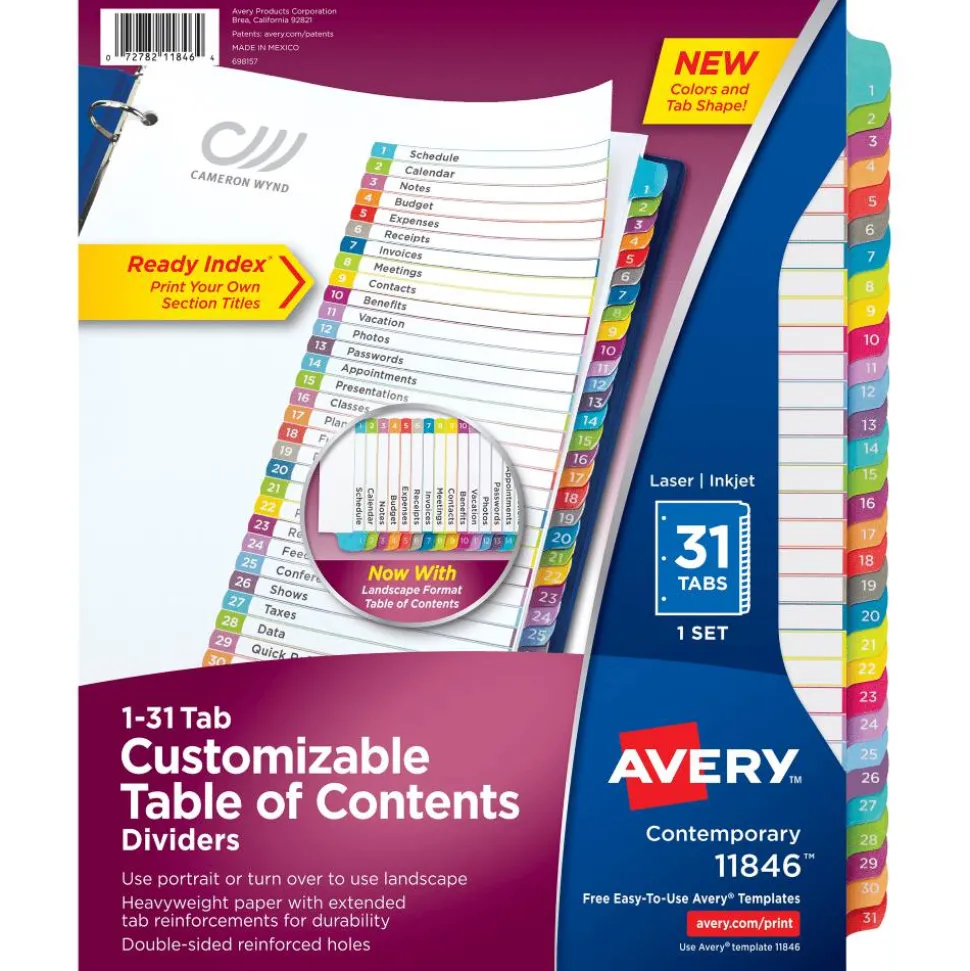 Avery Ready Index 1-31 Tab With Customizable Table Of Contents Binder Dividers, 8-1/2" x 11", 31 Tab, White/Multicolor, 1 Set