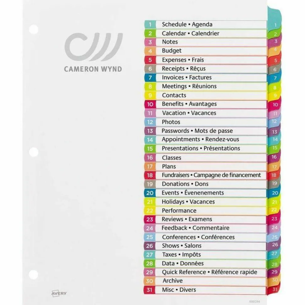Avery Ready Index 1-31 Tab With Customizable Table Of Contents Binder Dividers, 8-1/2" x 11", 31 Tab, White/Multicolor, 1 Set