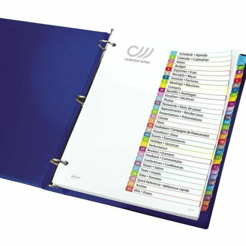 Avery Ready Index 1-31 Tab With Customizable Table Of Contents Binder Dividers, 8-1/2" x 11", 31 Tab, White/Multicolor, 1 Set