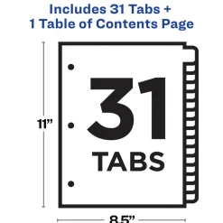 Avery Ready Index 1-31 Tab With Customizable Table Of Contents Dividers, Letter Size, 31 Tab, White, 1 Set