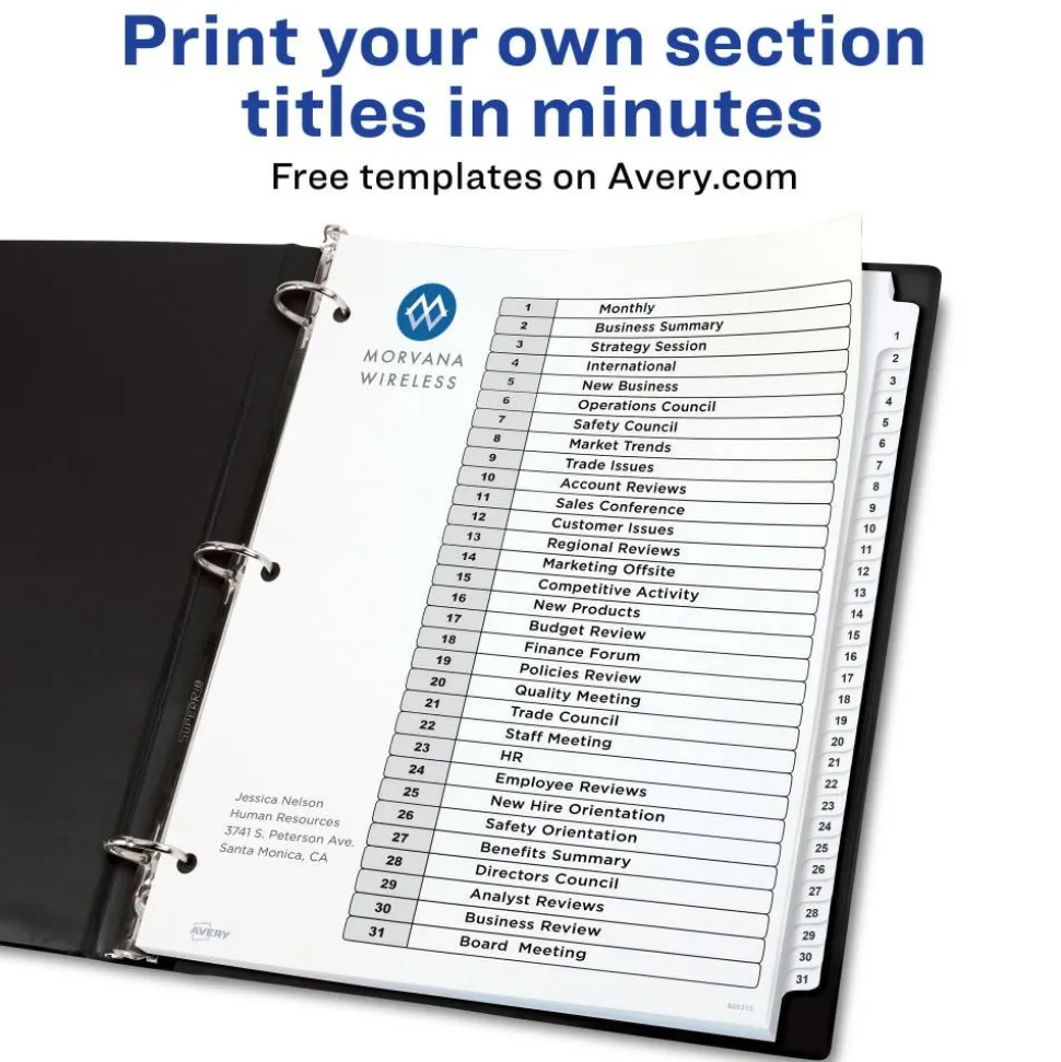 Avery Ready Index 1-31 Tab With Customizable Table Of Contents Dividers, Letter Size, 31 Tab, White, 1 Set