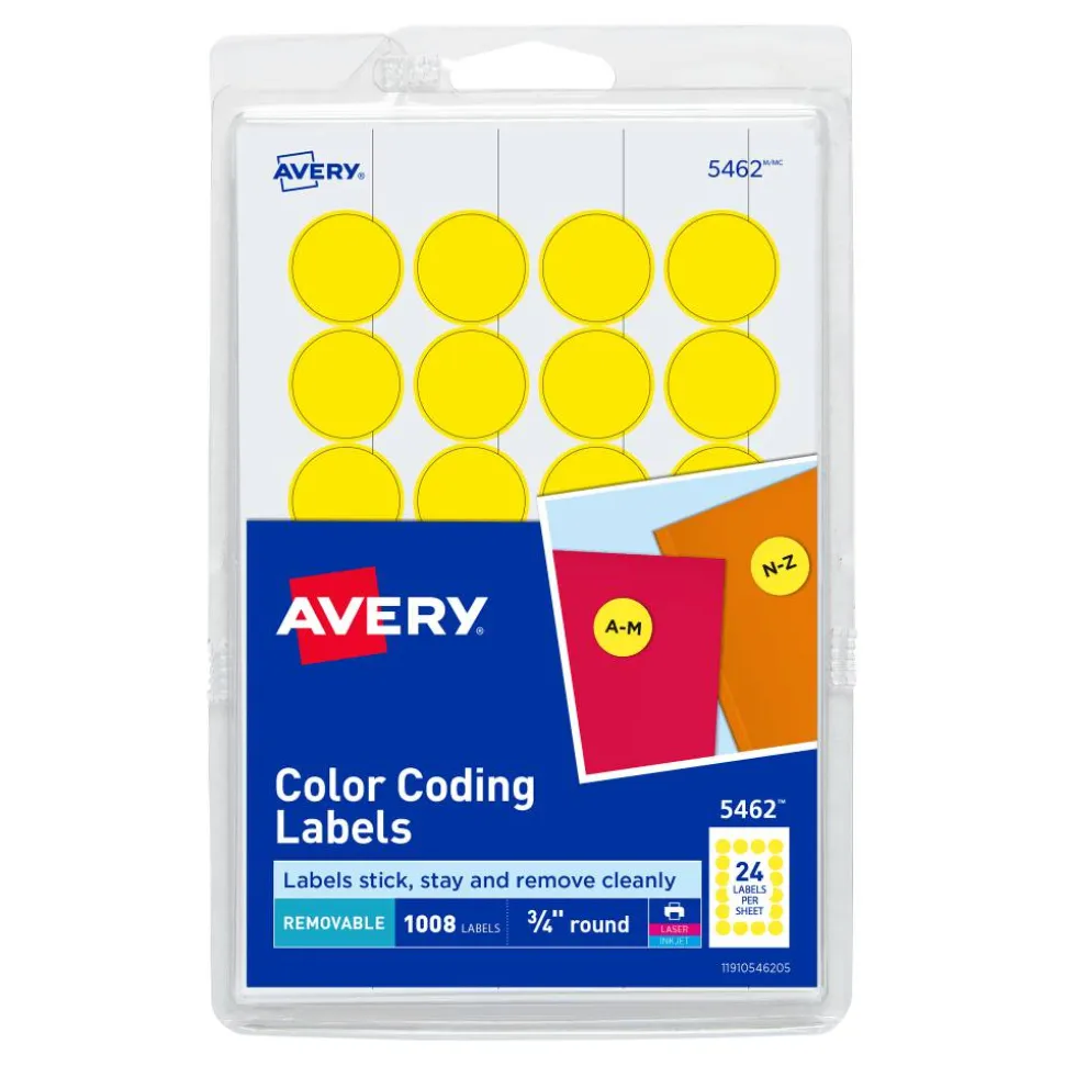 Avery Removable Color-Coding Labels, 5462, Round, 3/4" Diameter, Yellow, Pack Of 1,008