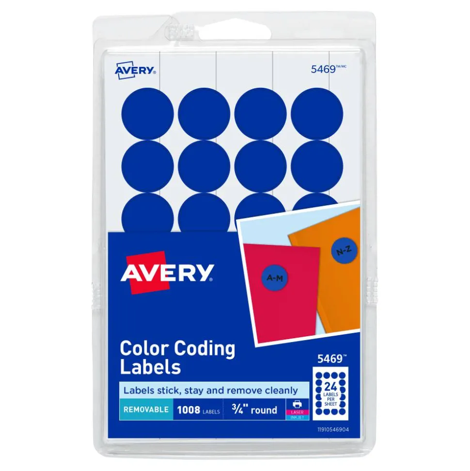 Avery Removable Color-Coding Labels, 5469, Round, 3/4" Diameter, Dark Blue, Pack Of 1,008