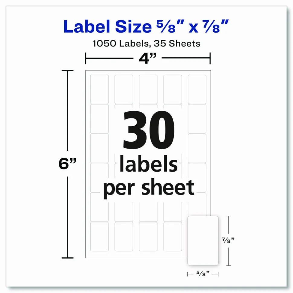 Avery Removable Labels, Non-Printable, 5424, Rectangle, 5/8" x 7/8", White, Pack Of 1,050 Small Stickers