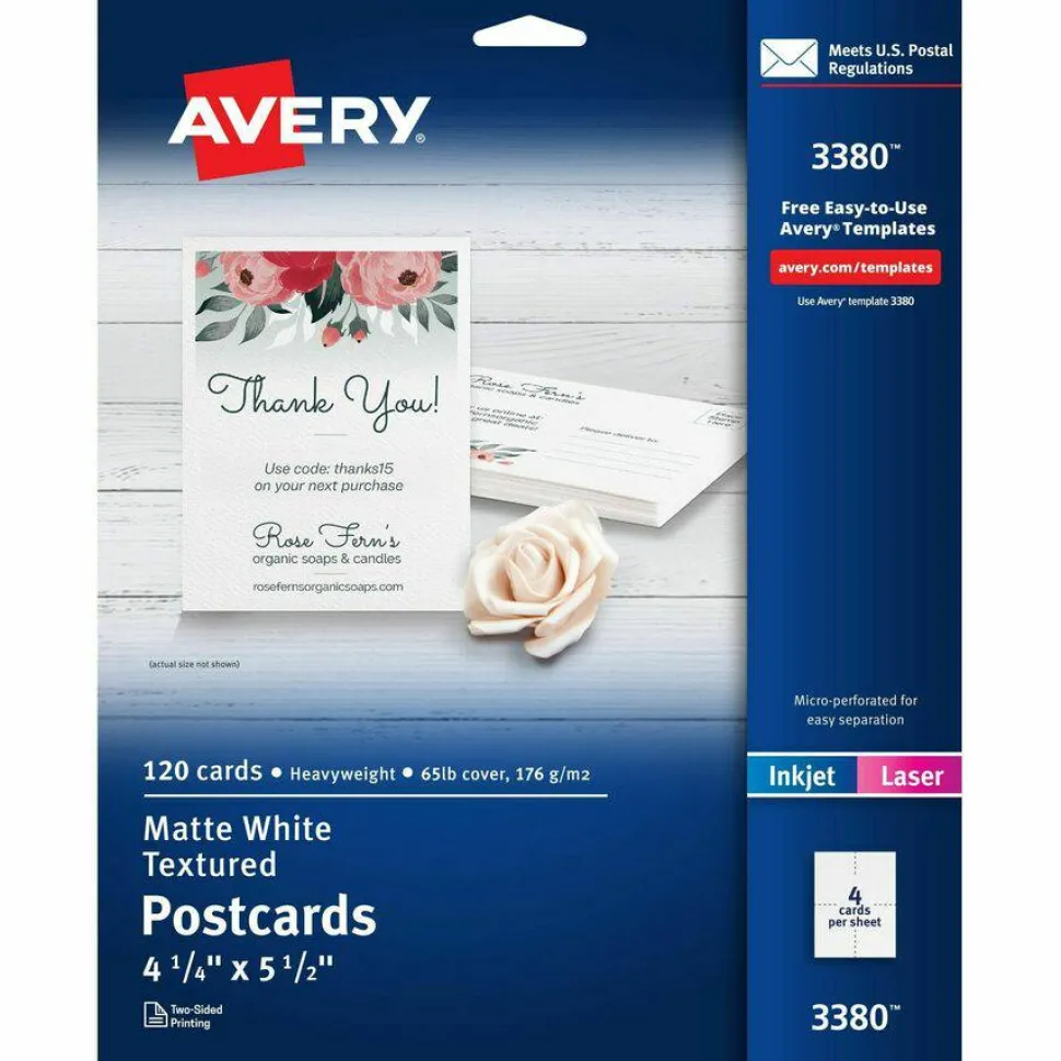 Avery(R) Printable Postcards, 4.25" x 5.5" , Textured White, 120 Blank Postcards for Inkjet and laser Printers (3380)