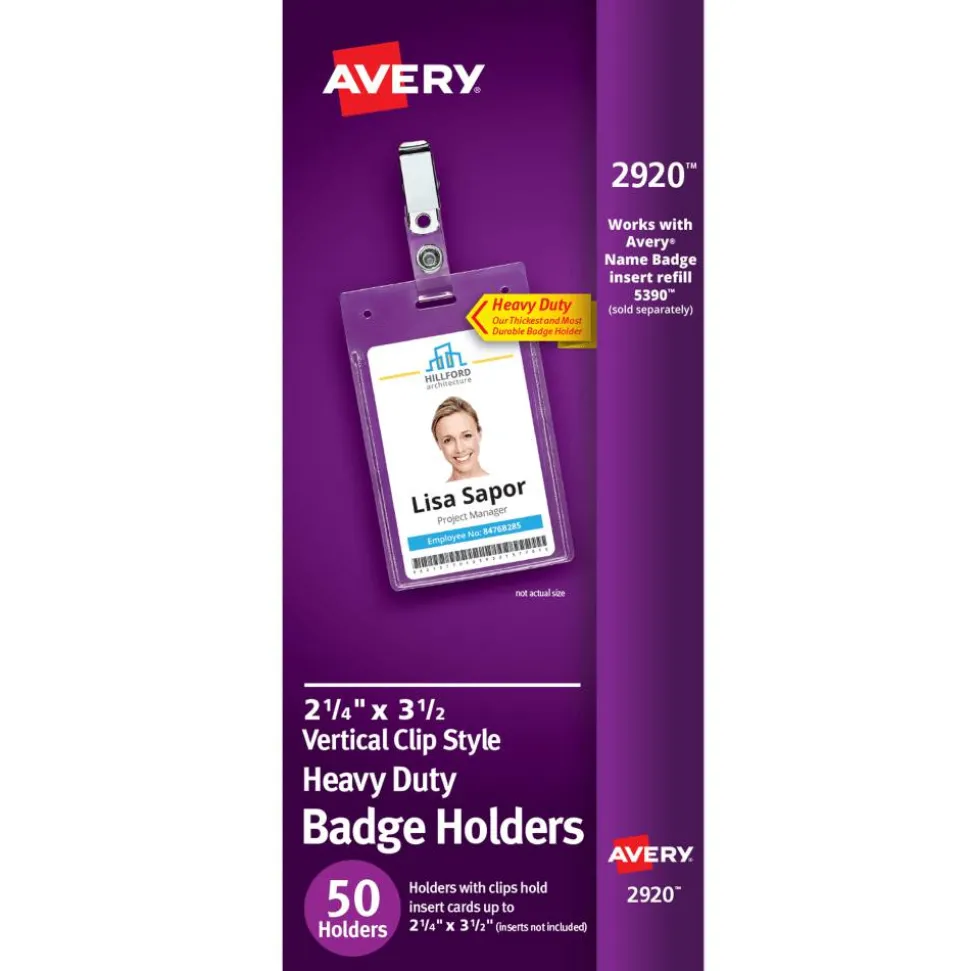 Avery Secure Top Badge Holders, For 3-1/2" x 2-1/4" Badge, Portrait With Clip, Clear, Box Of 50