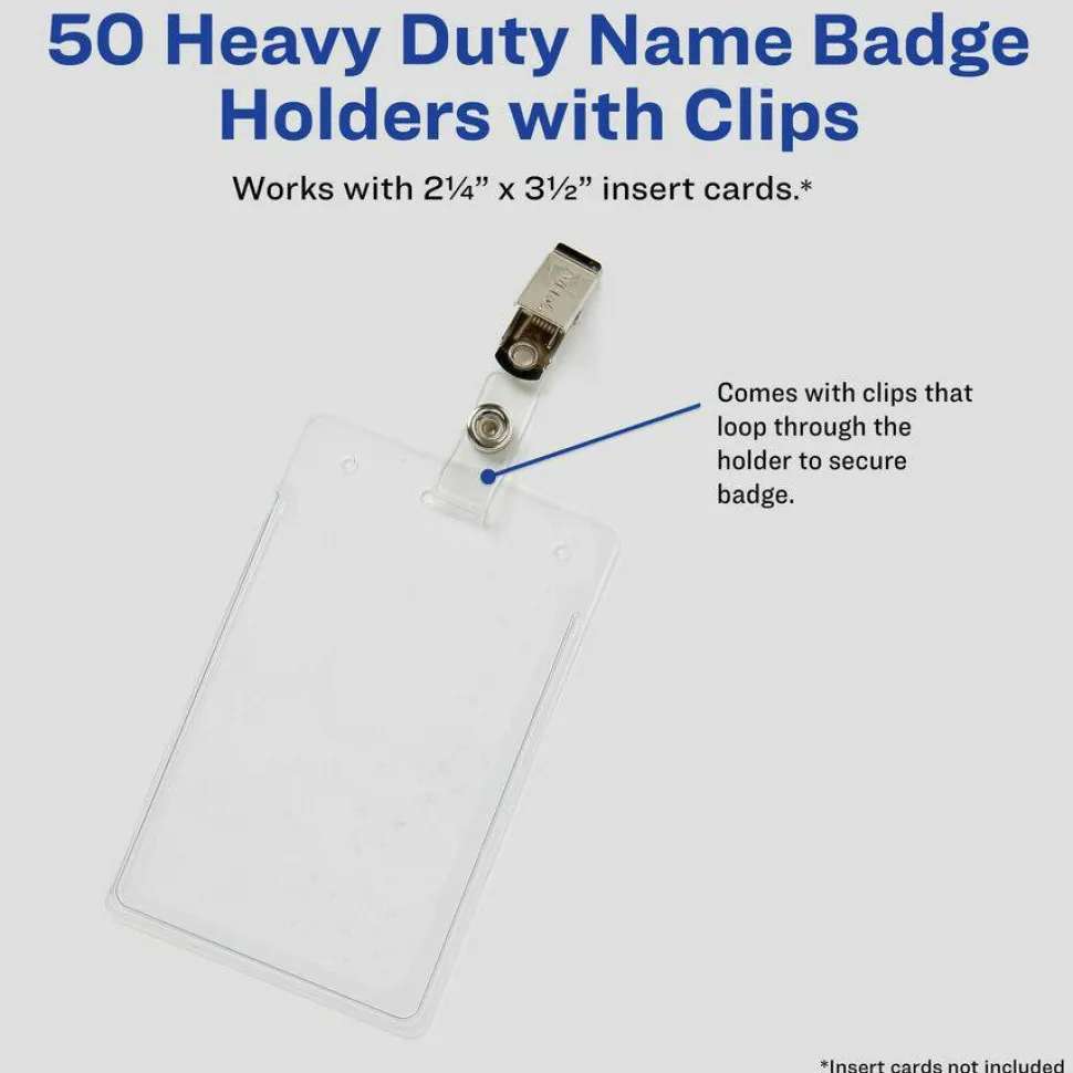 Avery Secure Top Badge Holders, For 3-1/2" x 2-1/4" Badge, Portrait With Clip, Clear, Box Of 50