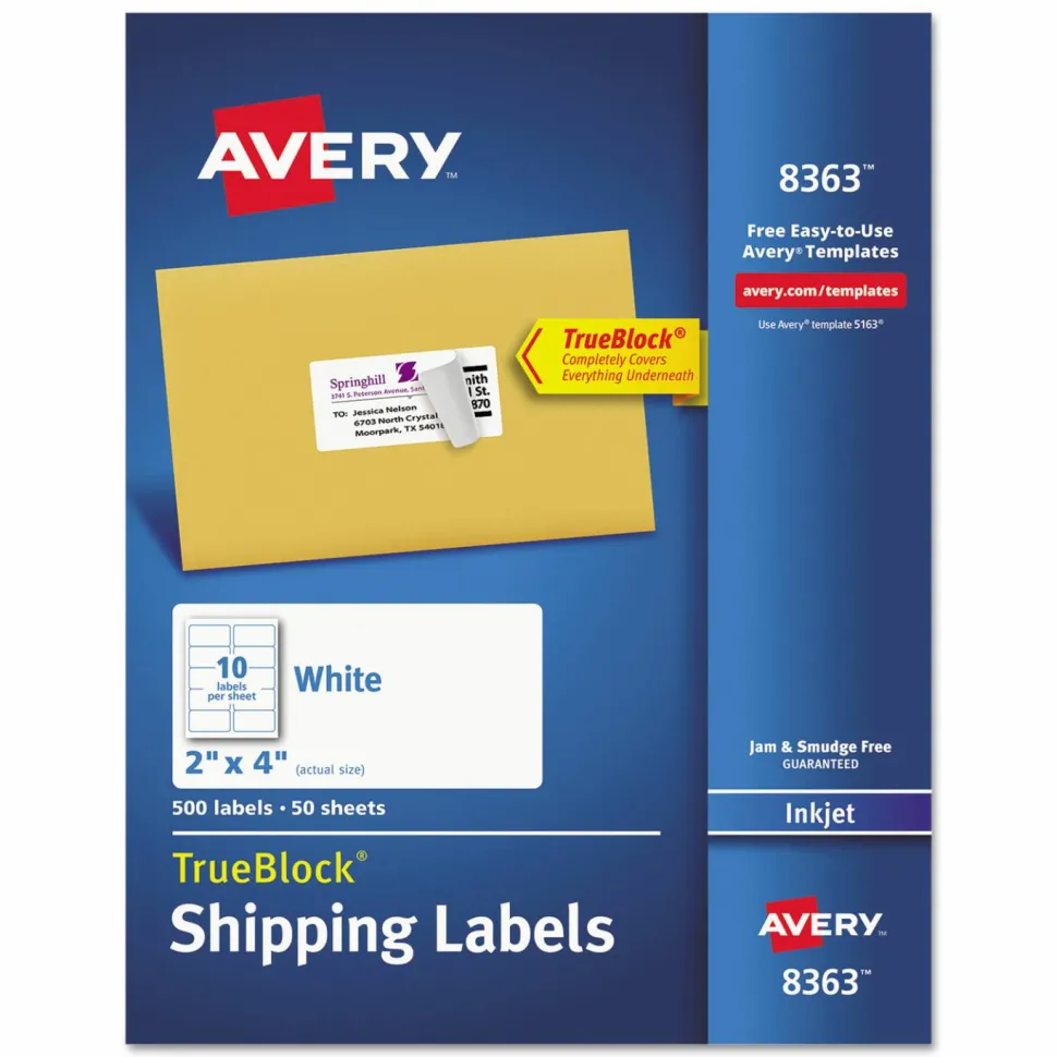 Avery Shipping Labels w/ TrueBlock Technology, Inkjet Printers, 2 x 4, White, 10/Sheet, 50 Sheets/Box