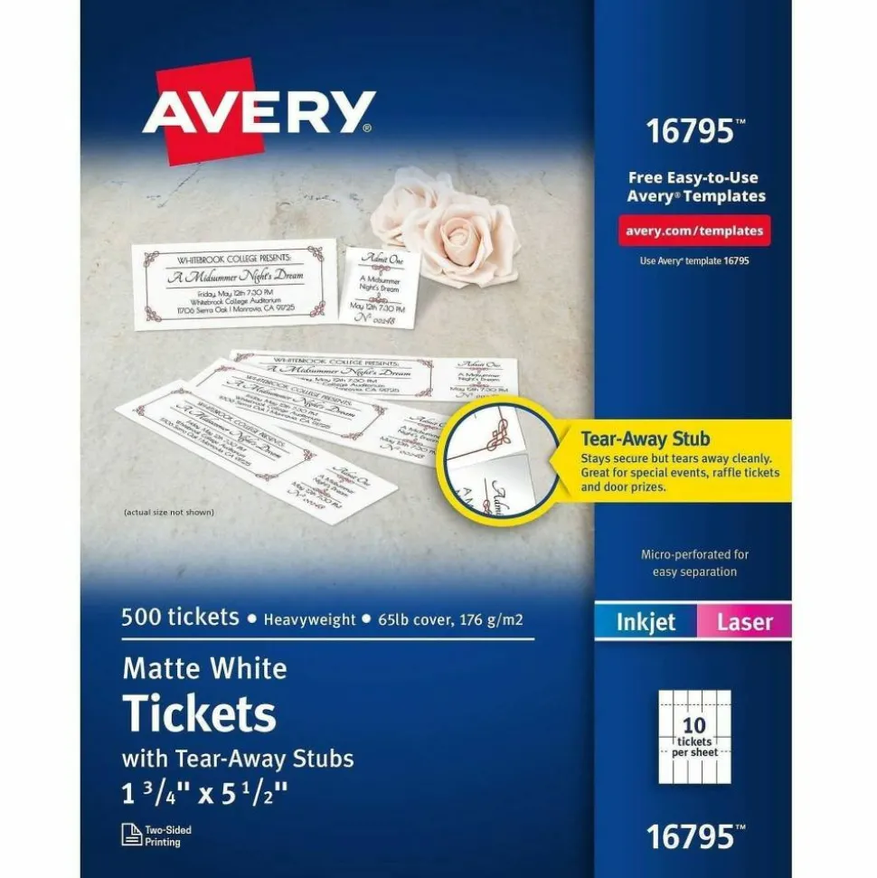 Avery Tear-Away Stubs Matte Printable Tickets - White - 500/Pack