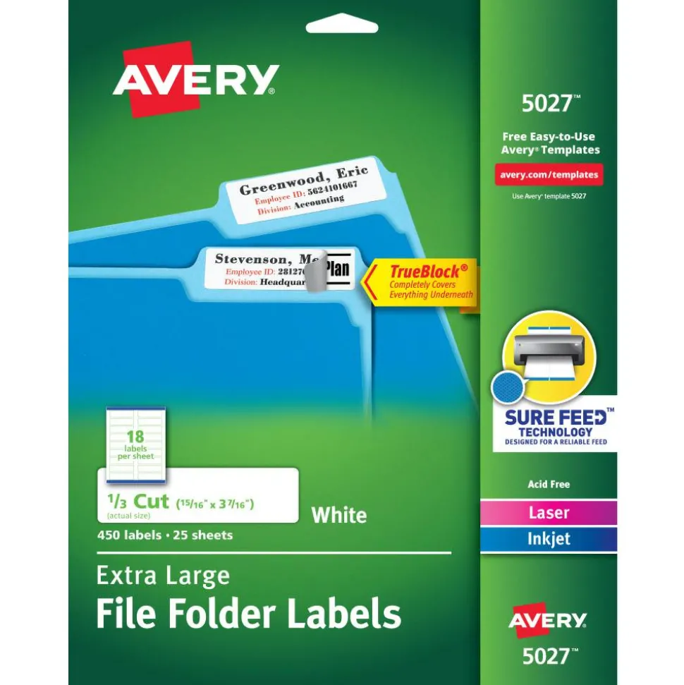 Avery TrueBlock Extra-Large Permanent Inkjet/Laser File Folder Labels, 5027, 15/16" x 3 7/16", White, Pack Of 450