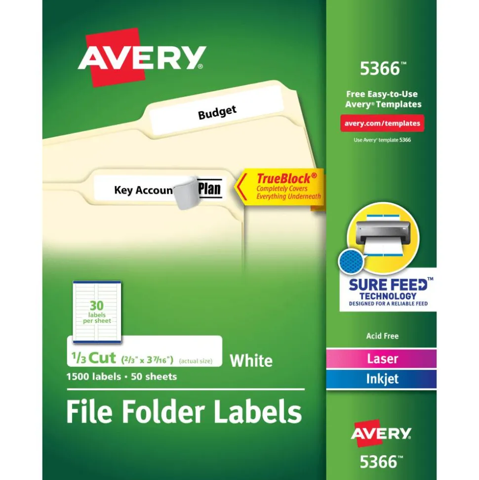 Avery TrueBlock File Folder Labels With Sure Feed Technology, 5366, Rectangle, 2/3" x 3-7/16", White, Pack Of 1,500