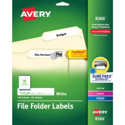 Avery TrueBlock Permanent File Folder Labels, 8366, 2/3" x 3 7/16", White, Pack Of 750