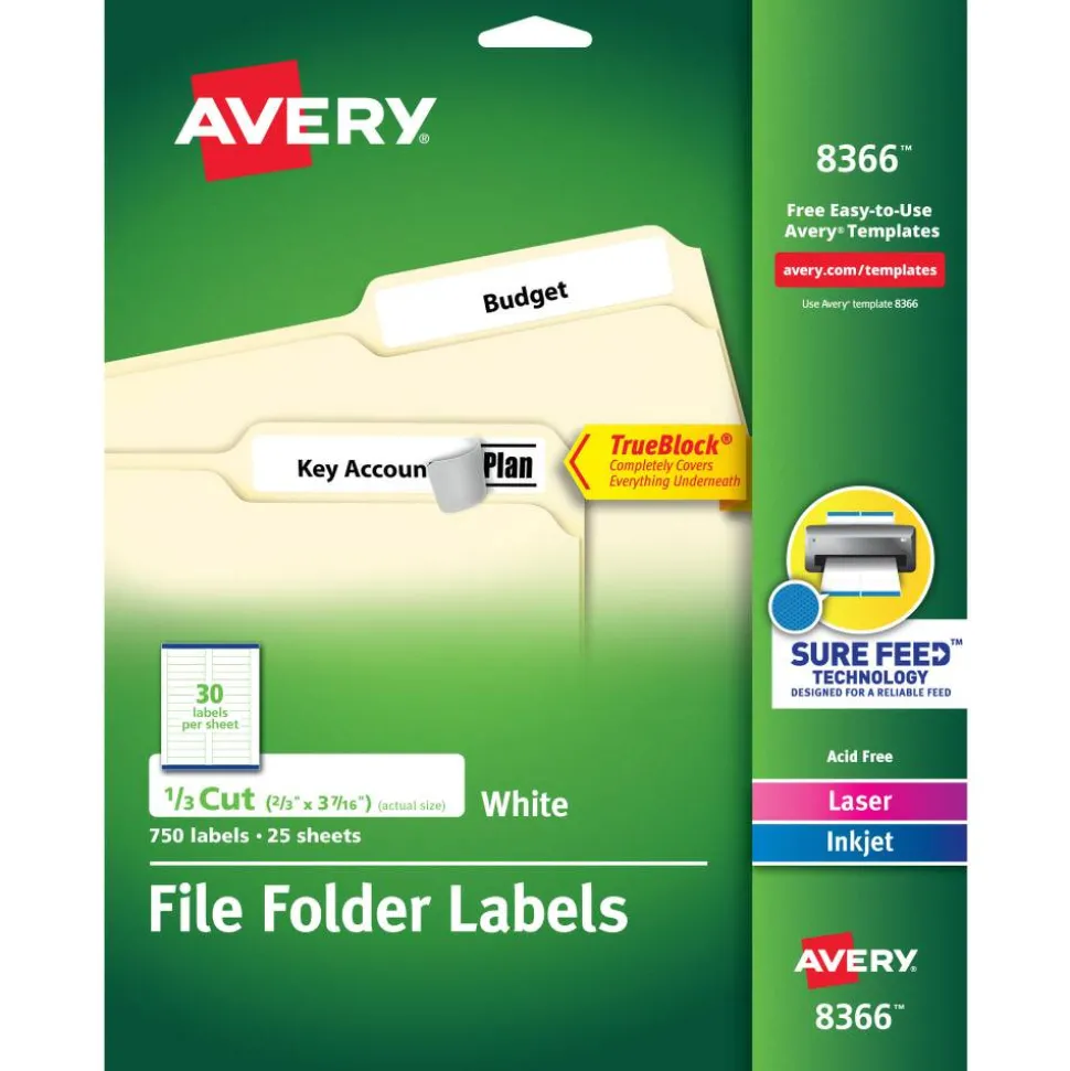 Avery TrueBlock Permanent File Folder Labels, 8366, 2/3" x 3 7/16", White, Pack Of 750