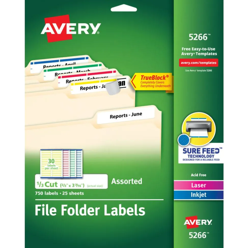 Avery TrueBlock Permanent Inkjet/Laser File Folder Labels, 5266, 2/3" x 3 7/16", Assorted, Box Of 750