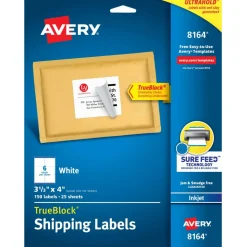 Avery TrueBlock Permanent Inkjet Shipping Labels, 8164, 3 1/3" x 4", White, Pack Of 150