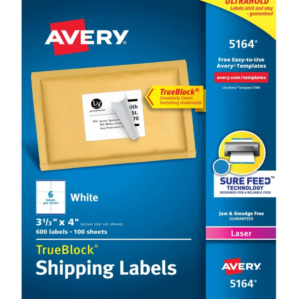 Avery TrueBlock Shipping Labels With Sure Feed Technology, 5163, Rectangle, 2" x 4", White, Pack Of 1,000