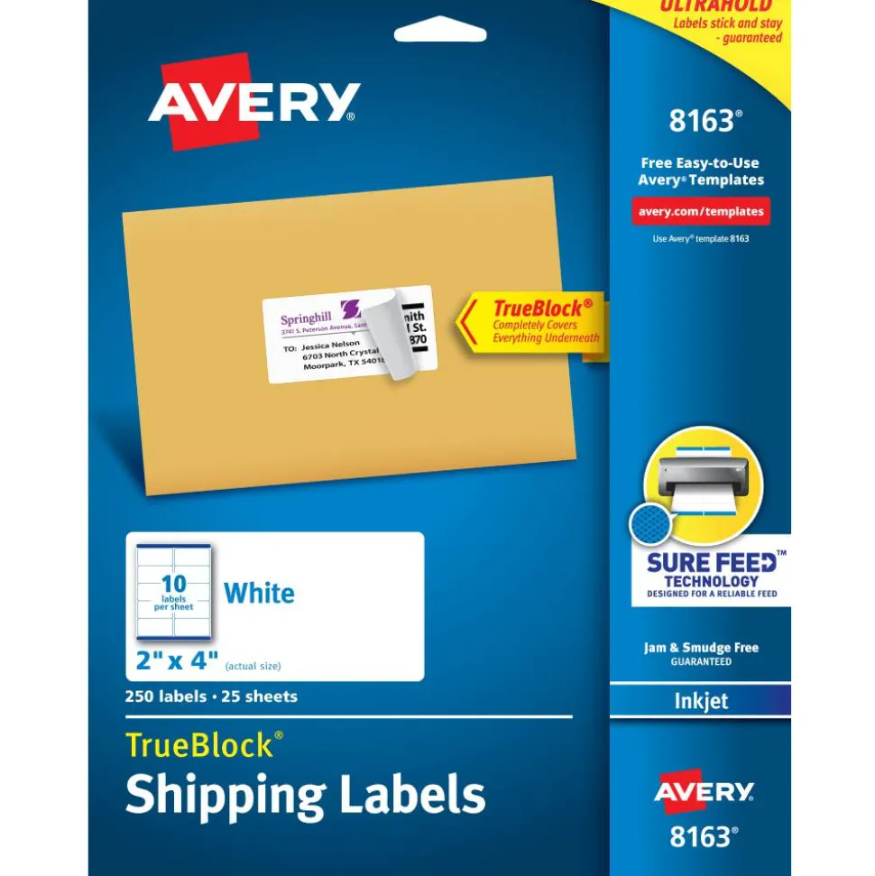 Avery TrueBlock Shipping Labels With Sure Feed Technology, 8163, Rectangle, 2" x 4", Pack Of 250