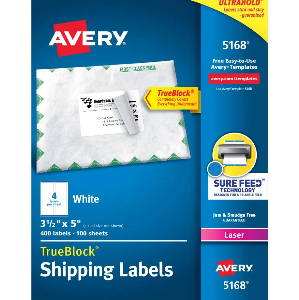 Avery TrueBlock Shipping Labels With Sure Feed Technology, 5168, Rectangle, 3-1/2" x 5", White, Pack Of 400