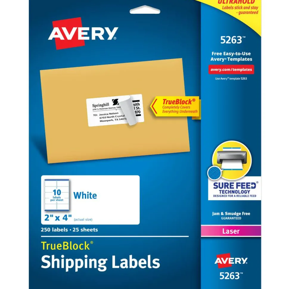 Avery TrueBlock Shipping Labels With Sure Feed Technology, 5263, Rectangle, 2" x 4", White, Pack Of 250