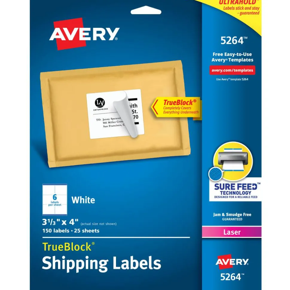 Avery TrueBlock Shipping Labels With Sure Feed Technology, 5264, Rectangle, 3 1/3" x 4", White, Pack Of 150