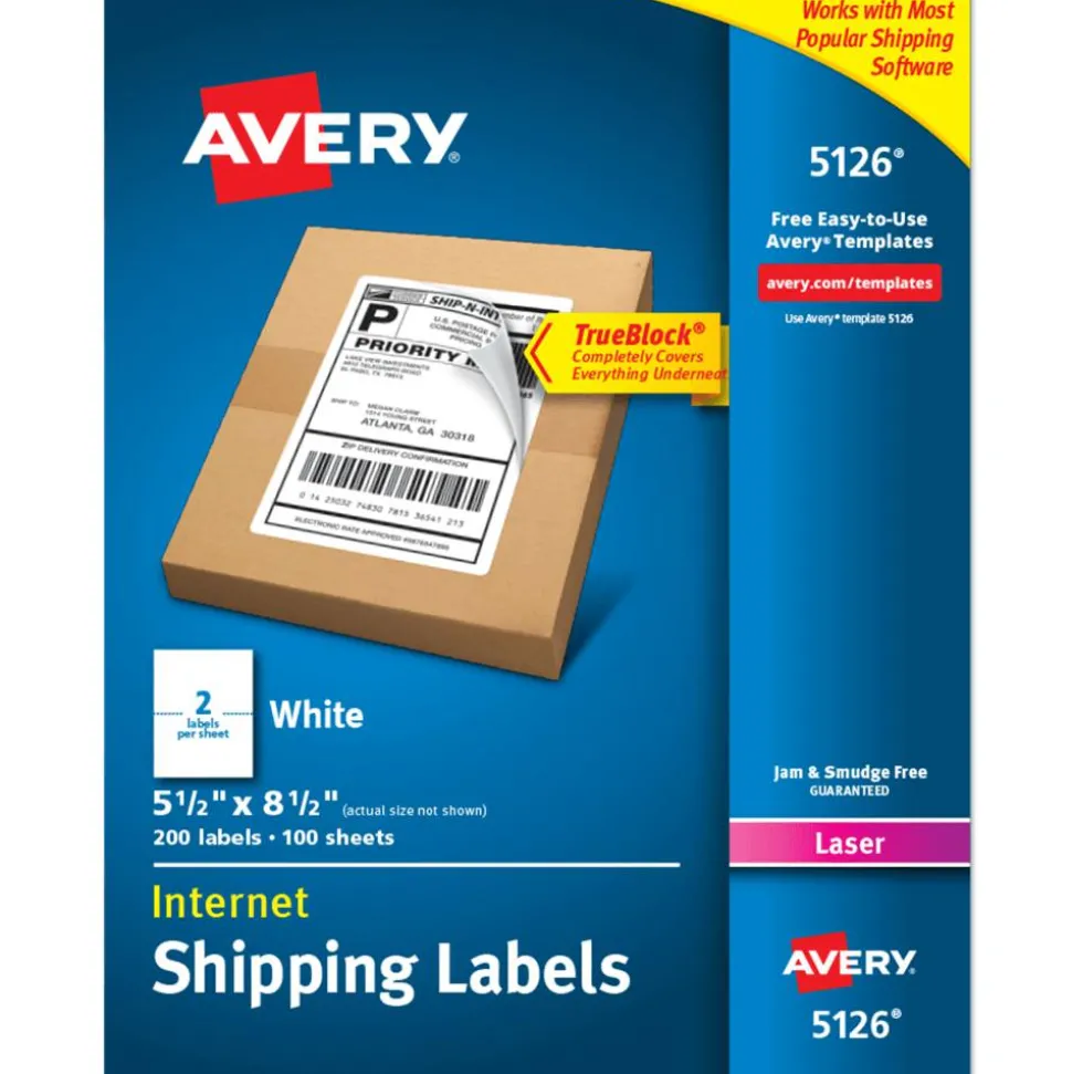 Avery TrueBlock White Laser Shipping Labels, Internet, 5126, 5 1/2" x 8 1/2", Pack Of 200