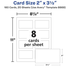 Avery True Print Print-to-the-Edge Premium Business Cards, Inkjet, 2 x 3.5, White, 8 Cards Sheet, 20 Sheets/Pack