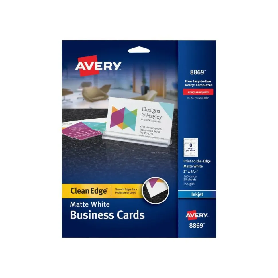 Avery True Print Print-to-the-Edge Premium Business Cards, Inkjet, 2 x 3.5, White, 8 Cards Sheet, 20 Sheets/Pack