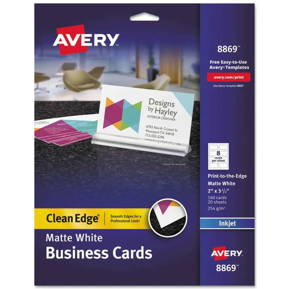 Avery True Print Print-to-the-Edge Premium Business Cards, Inkjet, 2 x 3.5, White, 8 Cards Sheet, 20 Sheets/Pack