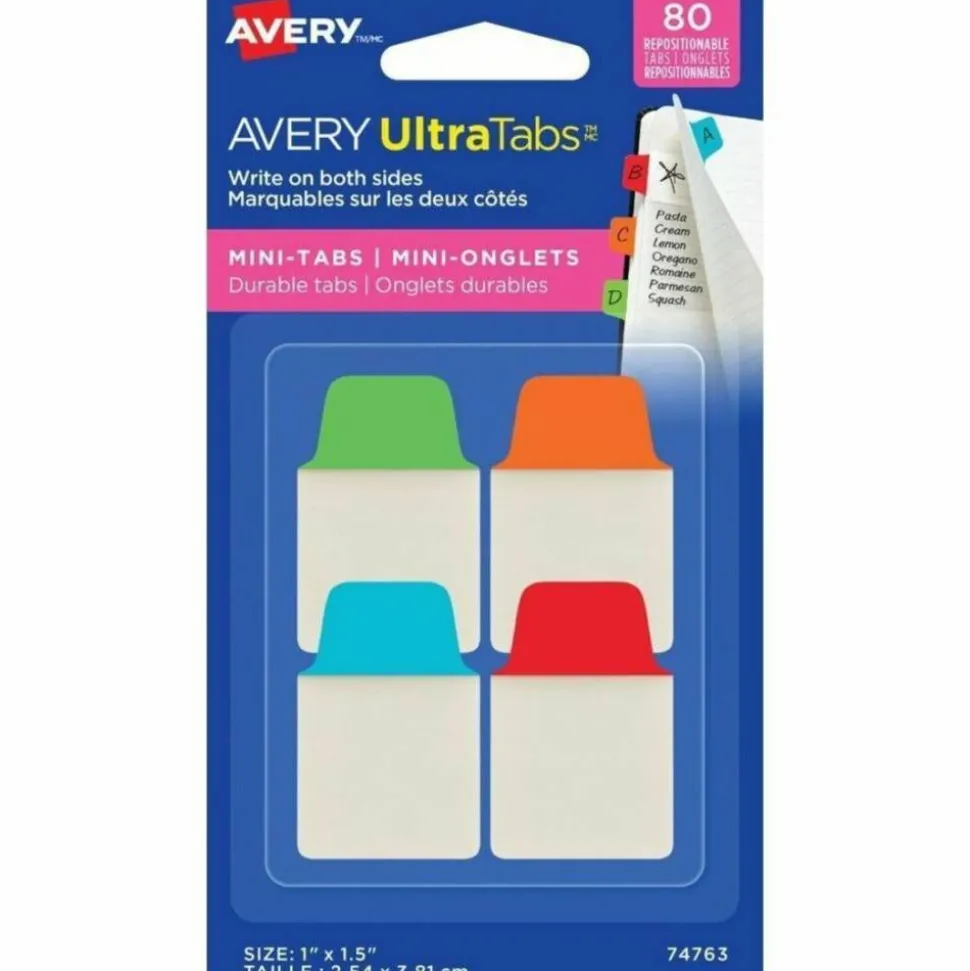 Avery UltraTabs Repositionable Mini Tabs - Write-on Tab(s) - 1.50" Tab Height x 1" Tab Width - Assorted Tab(s) - 80 / Pack