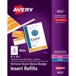 Avery Vertical Name Badge Inserts, 6" x 4 1/4", White, Box Of 100 Inserts