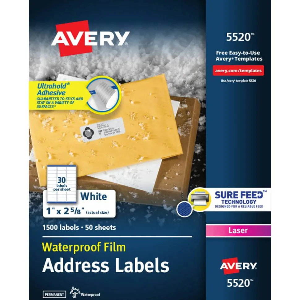 Avery Waterproof Address Labels With Ultrahold, 5520, Rectangle, 1" x 2-5/8", White, 1,500 Labels For Laser Printers